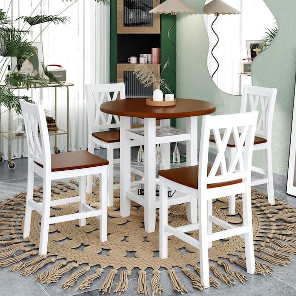 White Dining Table Set With 4 Chairs, Cherry Wood Round Dining Room Table