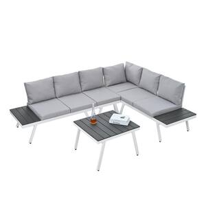 5-Piece Aluminum Outdoor Modern Garden Sectional Set with End Tables, Coffee Table and Grey Cushions