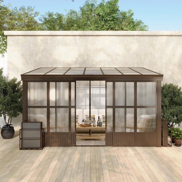 10 ft. x 14 ft. Lean-to Aluminum Gazebo Sunroom with Sloping Roof, Detachable Screens and 2 Lockable Sliding Doors