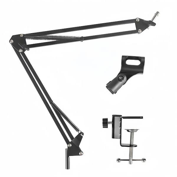 Adjustable Microphone Suspension Boom Scissor Arm Stand in Black With Mic Clip Holder