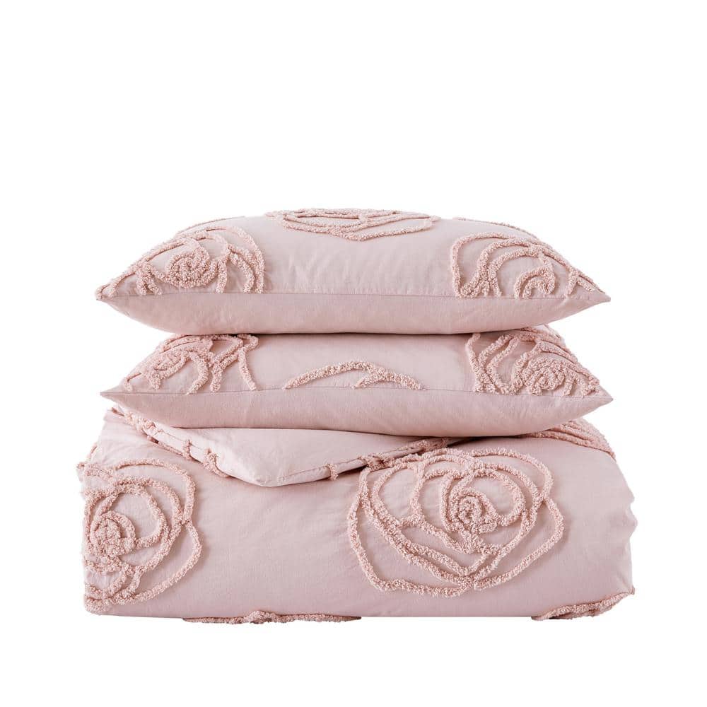 Blush Pink Cotton Twin Duvet Cover Set with Ruffle Pillow
