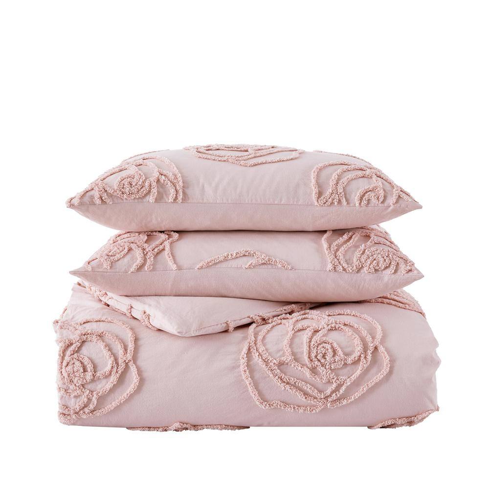 Blush Pink Cotton Full/Queen Duvet Cover Set with Tufted Roses