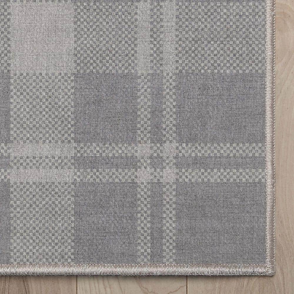 Light Grey Plaid Washable Synthetic Rectangular Area Rug 3'3" x 5'
