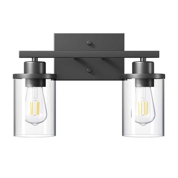 13.19 in. 2-Light Matte Black Vanity Light with Clear Glass Shade