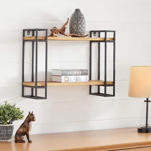 Home Decorators Collection 24 in. H x 24 in. W x 8 in. D Wood and Black Metal Wall-Mount Bookshelf