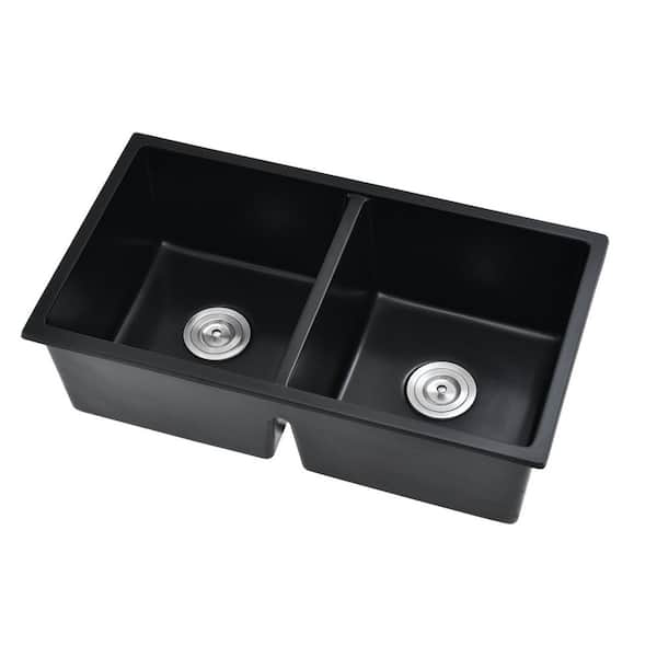 Quartz Matte Black 32 in. 50/50 Double Bowl Composite Undermount Kitchen Sink With Strainer