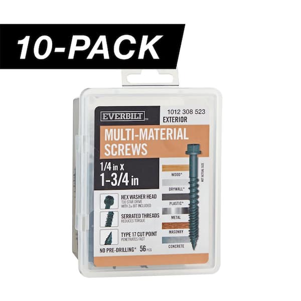 Everbilt 10-Pack 1/4 in x 1-3/4 in. Black 6-Lobe Drive Exterior Washer Hex Head Multi-Material Screw (10 lbs. / 560-Piece )
