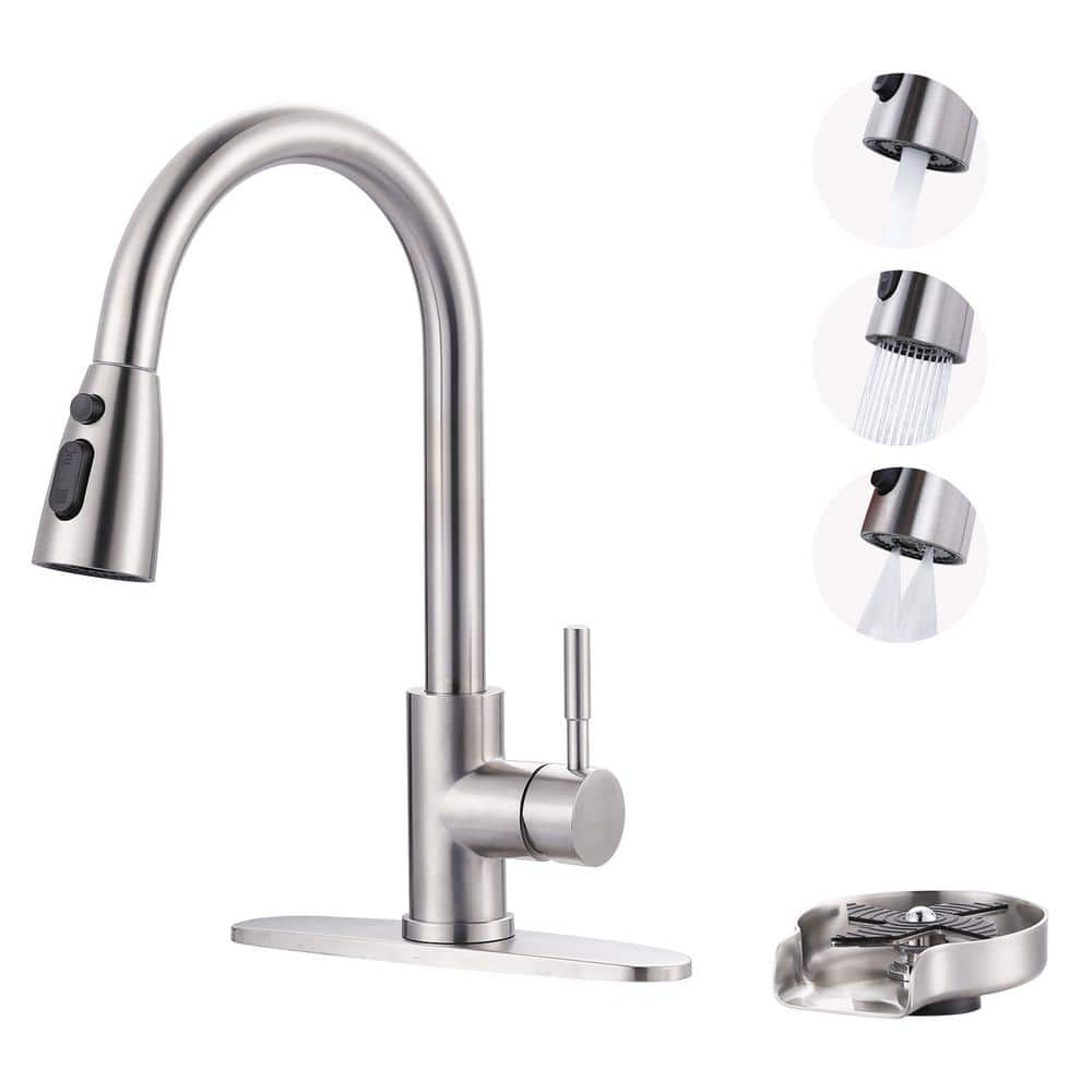 Brushed Nickel Pull Down Kitchen Faucet with Glass Rinser