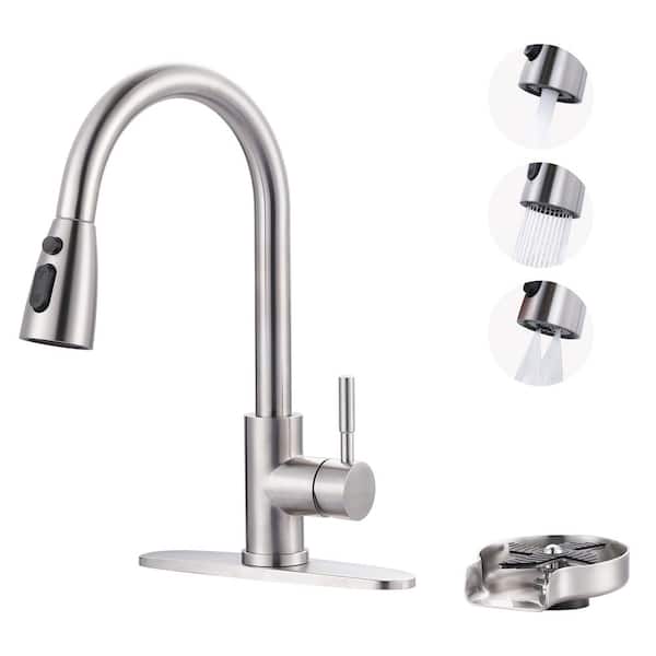 WOWOW Single-Handle Pull Down Sprayer Kitchen Faucet with Glass Rinser Combo in Brushed Nickel