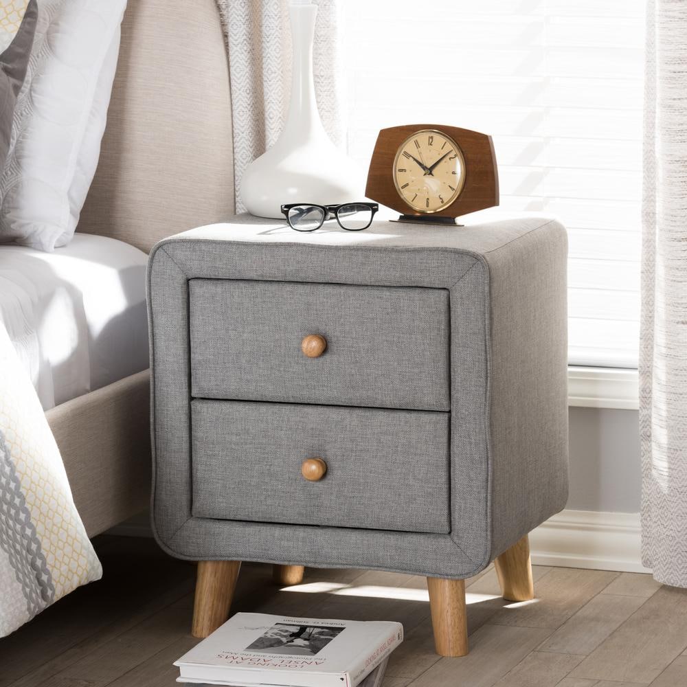 Jonesy Mid-Century Grey Fabric 2-Drawer Nightstand