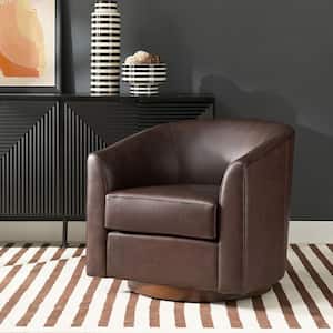 Teeny Brown Modern Geniun Leather Swivel Barrel Chair with Solid Wood Base