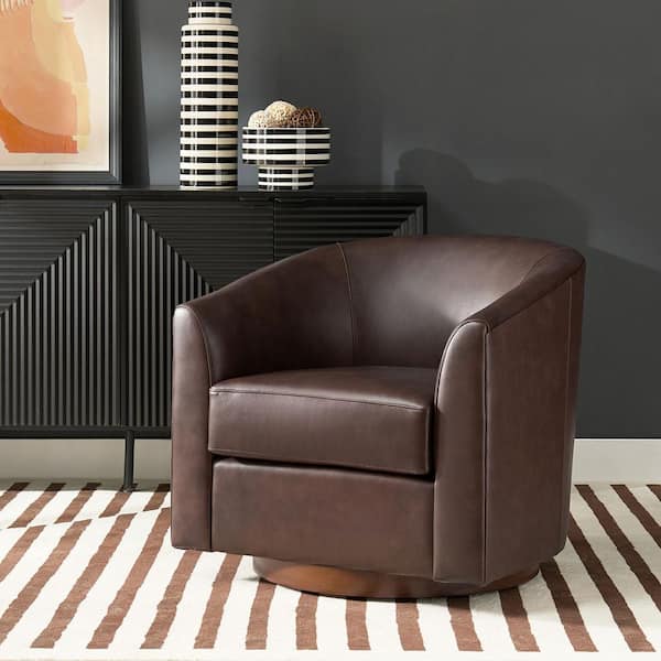 JAYDEN CREATION Teeny Brown Modern Geniun Leather Swivel Barrel Chair with Solid Wood Base