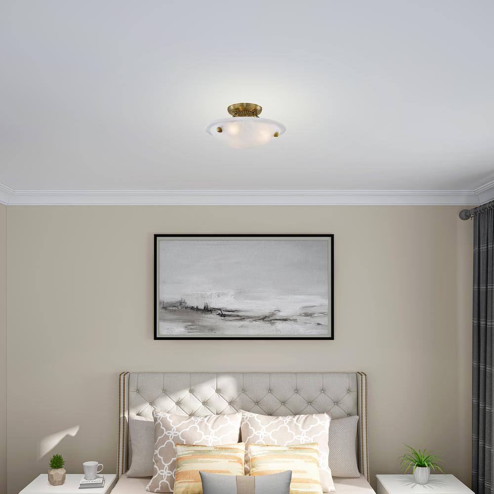 Antique Brass 3-Light Flush Mount with White Alabaster Glass