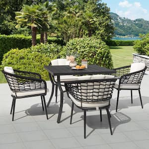 Black 5-Piece Aluminum Patio Outdoor Dining Set for 4 people with 1.97 in. Thick Beige Cushions