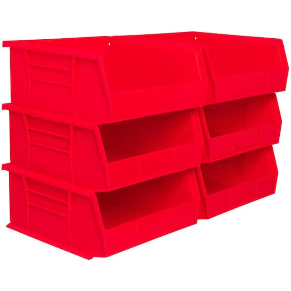 Heavy-Duty Stackable and Hanging Plastic Storage Totes, 10.88 in. L x 11 in. W x 5 in. H, Holds 50 lbs., Red (6-Pack)