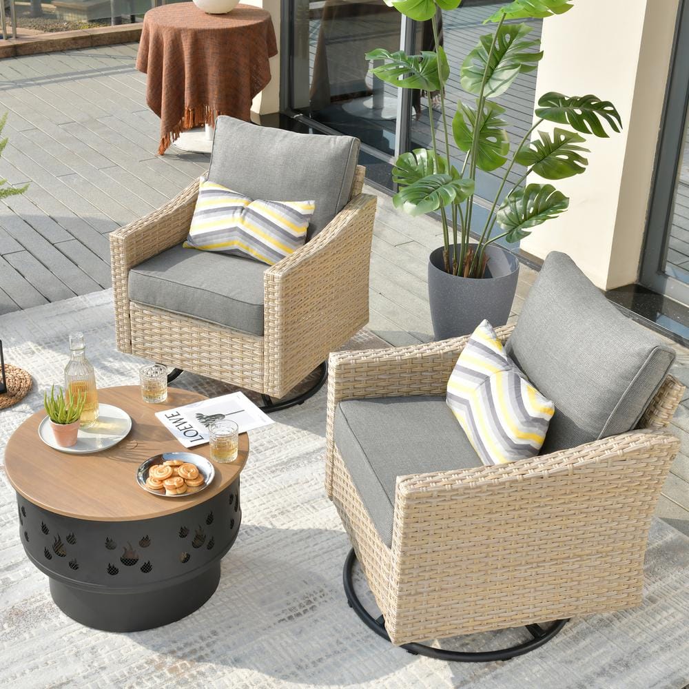 Oconee 3-Piece Wicker Patio Conversation Swivel Rocking Chair Set with a Wood-burning Fire Pit and Dark Gray Cushions -  HOOOWOOO, WFPYZ-DAR203