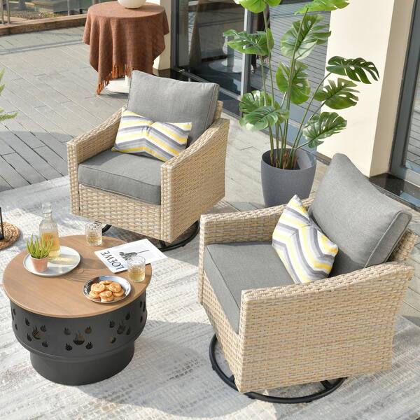 HOOOWOOO Oconee 3-Piece Wicker Patio Conversation Swivel Rocking Chair Set with a Wood-burning Fire Pit and Dark Gray Cushions