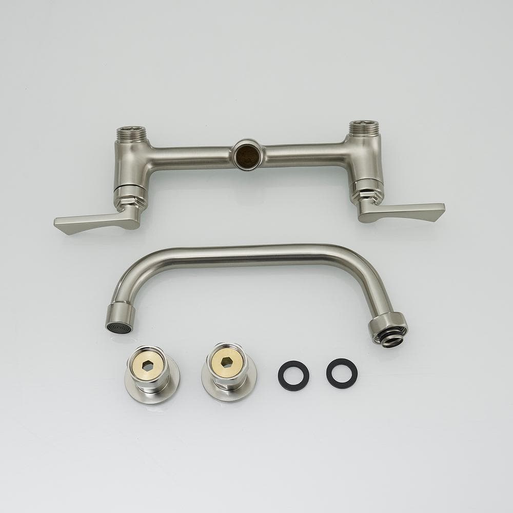 Brushed Nickel Wall Mount Double Handle Kitchen Faucet