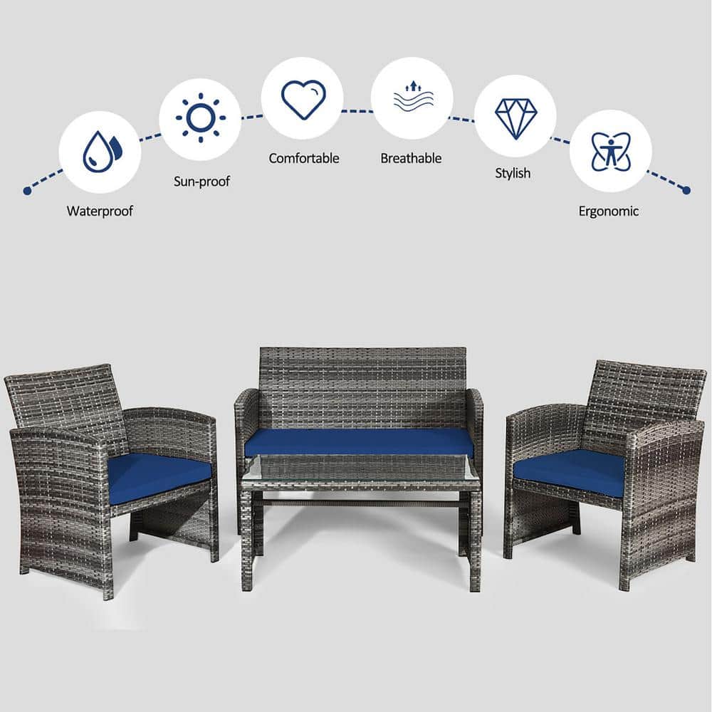 Navy and Gray Steel 8-Piece Patio Conversation Set with Cushions