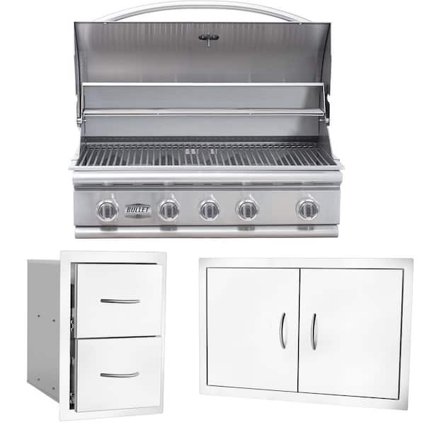 Bullet Series 5-Burner Built-In Liquid Propane Grill 38 in Stainless Steel with Double Access Door and Double Drawer