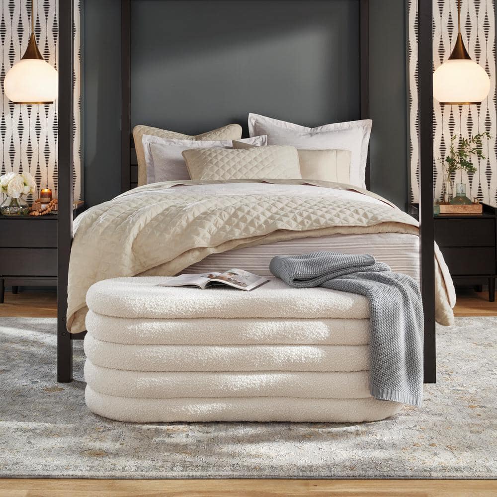 Ivory White Boucle 49" Upholstered Oval Storage Bench with Horizontal Tufting