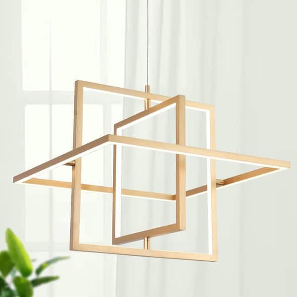 Zevni Swane 46-Watt 3-Light Integrated LED Brushed Gold Island Chandelier, Square Hanging Pendant Light, Modern Light Fixture