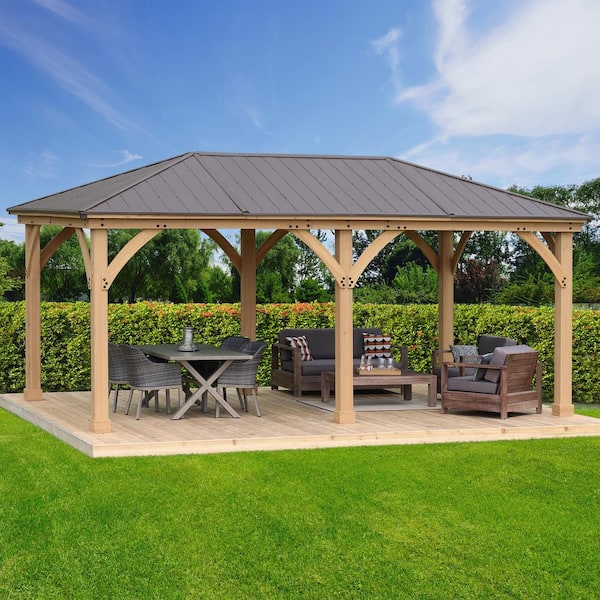 Yardistry Meridian 12 ft. x 20 ft. Premium Cedar Outdoor Patio Shade Gazebo with Architectural Posts and Brown Aluminum Roof
