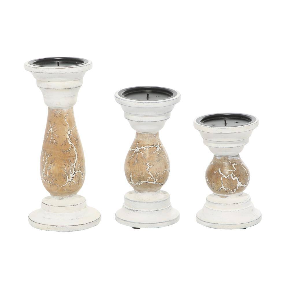 Beige Mango Wood 3-Piece Candelabra Set