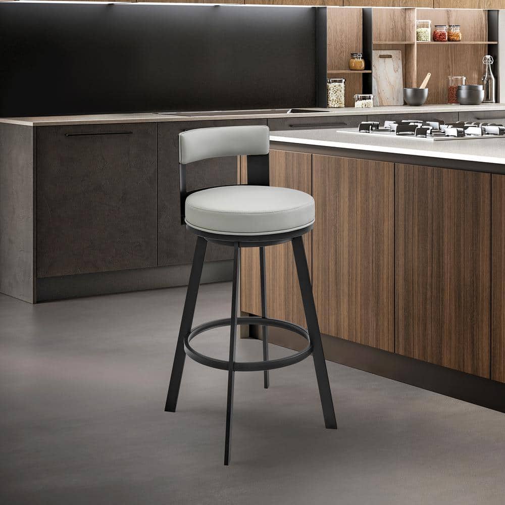 Armen Living Flynn 26 in. Light Gray/Black Low Back Metal Counter Stool with Faux Leather Seat