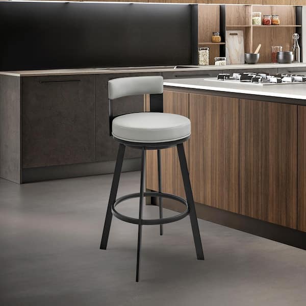 Armen Living Flynn 26 in. Light Gray/Black Low Back Metal Counter Stool with Faux Leather Seat
