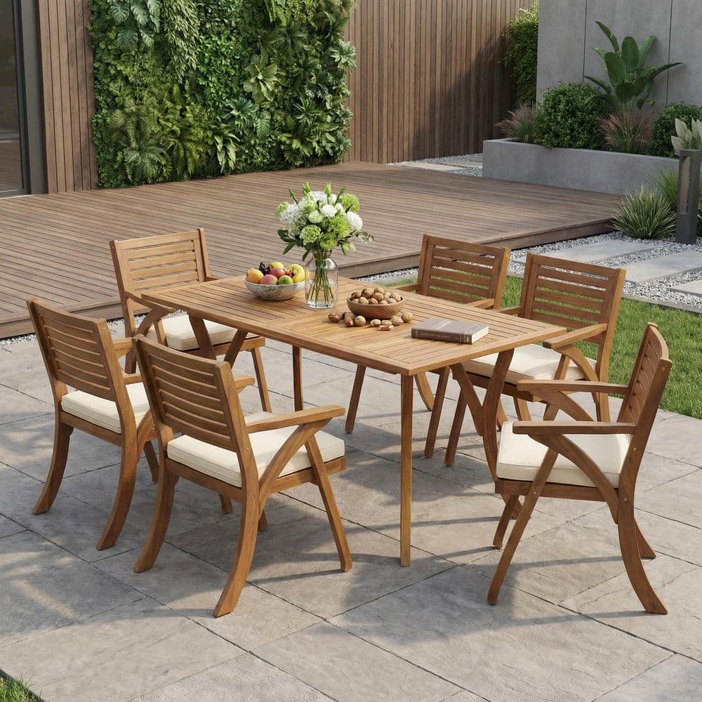 7-Piece Teak Wood Outdoor Dining Set with Cream Cushions for Patio and Backyard Durable Construction price history on PriceWatchPro