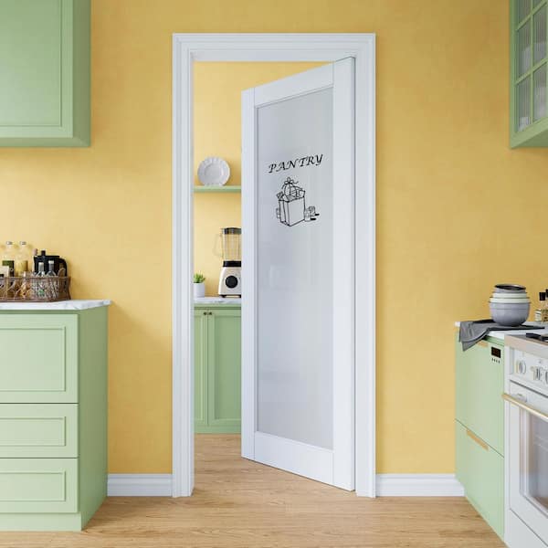28 in. x 80 in. 1-Lite Tempered Frosted Glass White Primed Solid Core MDF Wood Interior Door Slab with Pantry Sticker
