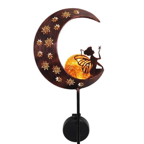 FAWEY TRED INC 39 in. Yard Art Decorations Moon for Outside Lawn Ornaments Fairy Solar Garden Stake Lights Crackle Glass Globe