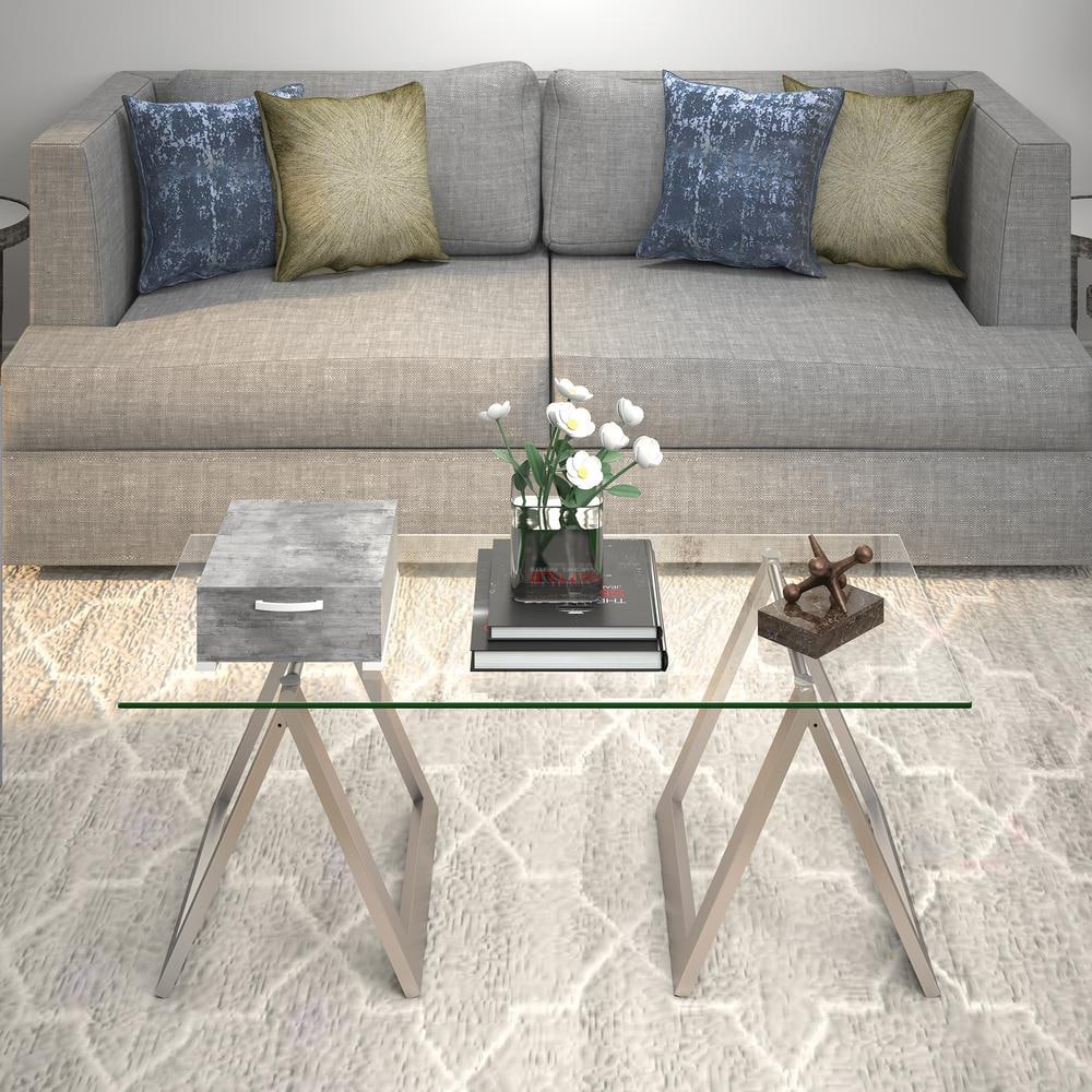 Modara 46" Satin Nickel Rectangular Metal and Glass Coffee Table