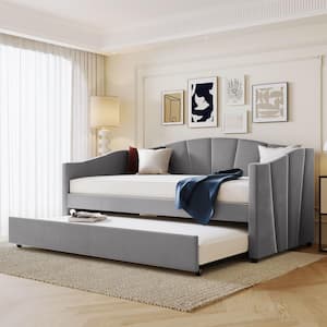 Elegant Gray Twin Size Upholstered Wood Daybed with Trundle