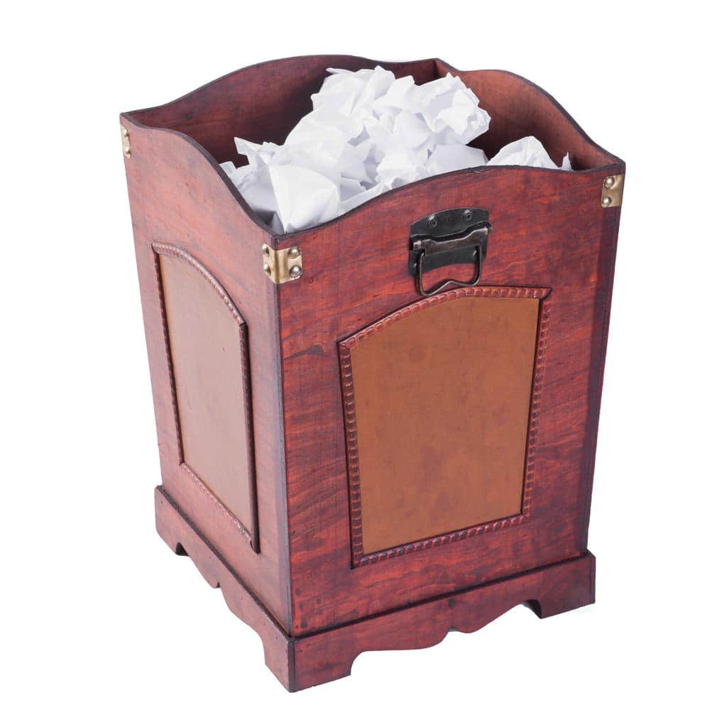 Rustic Cherry Wood and Leather Decorative Trash Bin