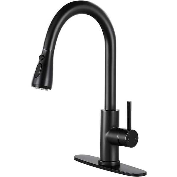 Single Handle Kitchen Faucet Pull Down Sprayer Kitchen Faucet with Deck Plate in Matte Black