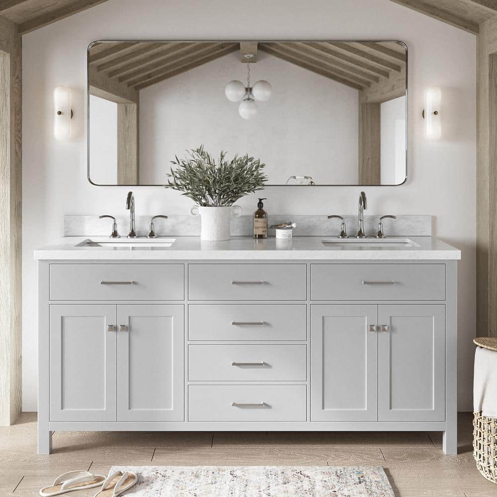Grey Double Freestanding Vanity with White Marble Top