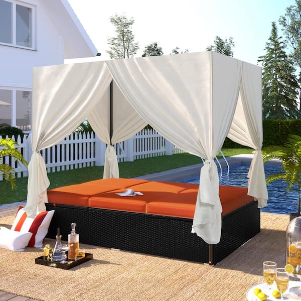 Wateday Patio 2-Piece Wicker Outdoor Day Bed Set with Orange Cushions