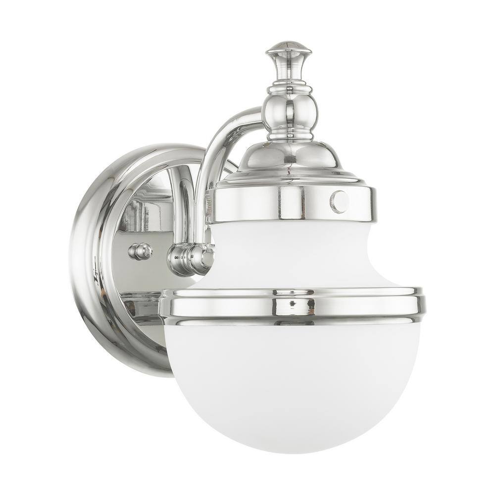 Sleek Industrial Polished Chrome 1-Light Bath Vanity with Hand Blown Opal Glass