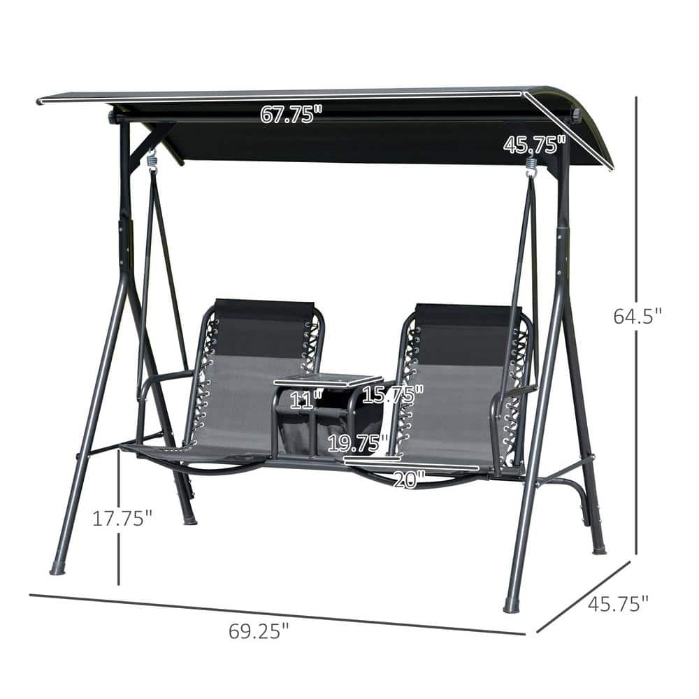 Deluxe Black Covered Porch Swing with Adjustable Canopy and Storage