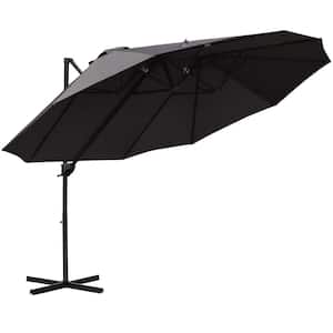 14.4 ft. Steel Market Solar Tilt Half Patio Umbrella in Gray, Outdoor Market Extra Large Umbrella with Crank