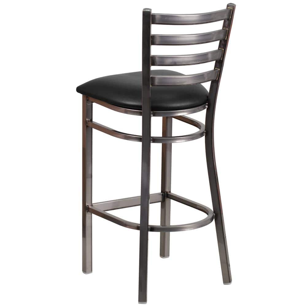 Silver Ladder Back 42" Metal Barstool with Black Vinyl Seat