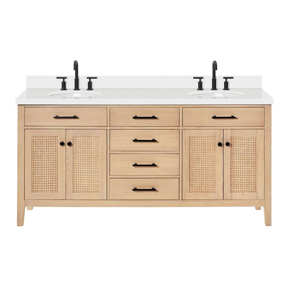 Camila 73" Light Brown Oak Double Sink Vanity with White Quartz Top