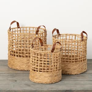 13 in., 14.5 in. and 16.5 in. Open Weave Handled Baskets - Set of 3; Brown