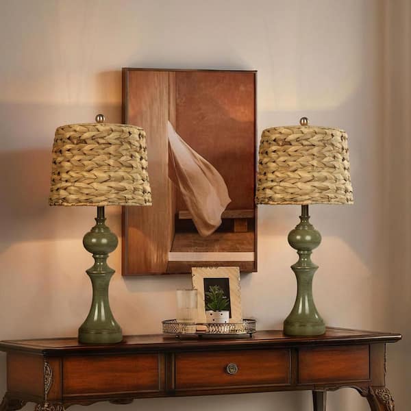 19.5 in. Distressed Green Resin Table Lamp Set and with Sea Grass Shade (Set of 2）