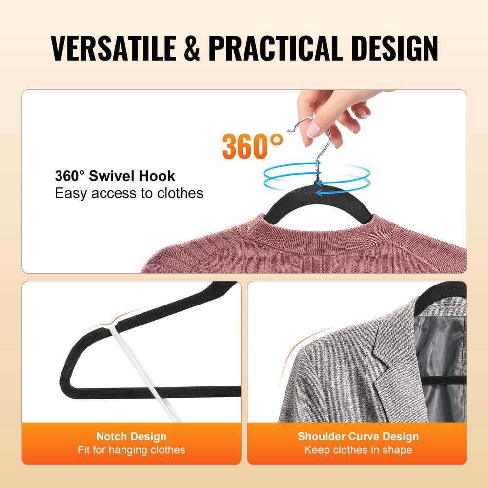 Ultra-Thin Black Velvet Hangers with 360 Degree Swivel Hook, 50 Pack