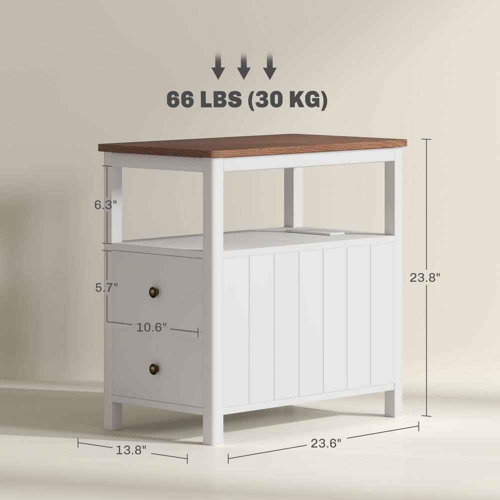 White and Brown Wood End Table with Charging Station and Storage
