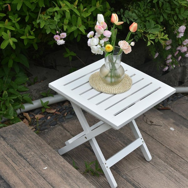 Hngilkoo White Wood Folding Patio Side Table Outdoor Small End Portable Table for Porch, Yard, Garden (2-Packs)