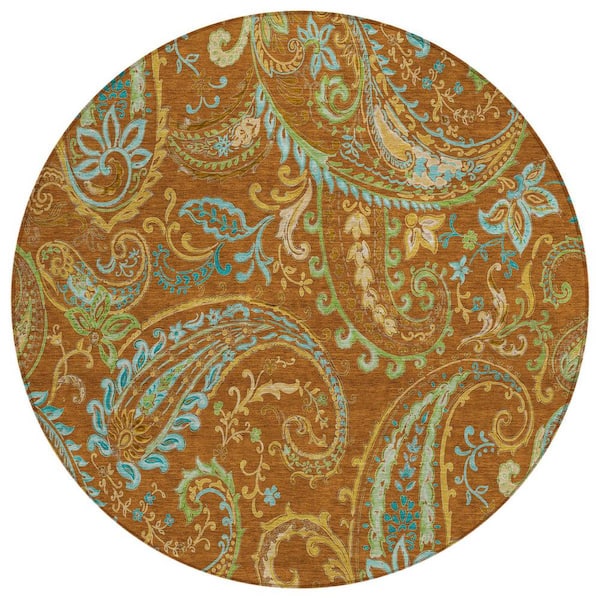 Orange 8 ft. Round Woven Paisley Polyester Round Indoor/Outdoor Area Rug